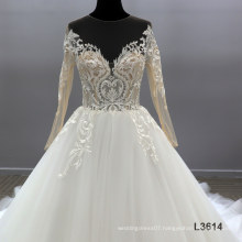 Luxury Beautiful Flower Lace Pattern Long Sleeve Wedding Dress Bridal Gowns Big Puffy Chapel Train